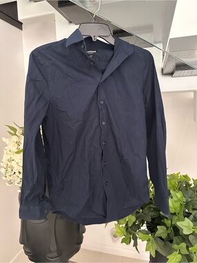 Express Men's Dark Navy Long-Sleeve Button-Up Shirt